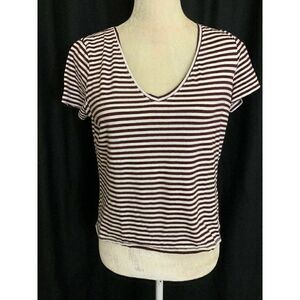 Zara Womens Purple Plum White Striped Short Sleeve Top T Shirt V Neck Small